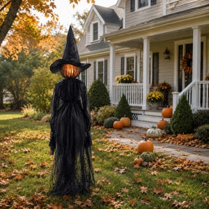 May include: A tall, standing Halloween decoration featuring a figure draped in black, sheer, layered fabric with a pointed black hat. The head is a glowing, orange, textured pumpkin-like sphere that emits a warm light, positioned on a lawn.