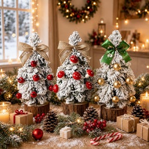 May include: Three miniature artificial Christmas trees with flocked snow-covered branches, each mounted on a natural wood slice base. The trees are decorated with red berries, red and white mushroom ornaments, and gold spheres, topped with burlap or green bows.