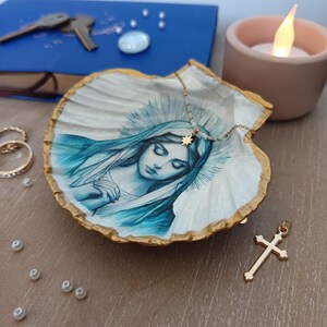 Plato para joyas con forma de concha de vieira ilustrado con la Virgen María, objeto sagrado de curiosidad, plato para baratijas de entrada con acabado brillante.