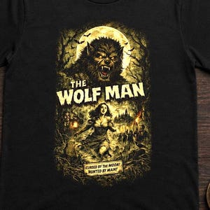 T-shirt med vintagevarulv och skräckfilm, vargman-t-shirt | Retro gotisk monstergrafik-t-shirt, kläder från Pulp Cinema på 1940-talet, läskig unisextröja