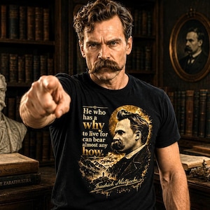Friedrich Nietzsche citatskjorta – ”Den som har ett varför att leva för kan uthärda nästan vilket hur som helst” – Motiverande filosofi grafisk t-shirt