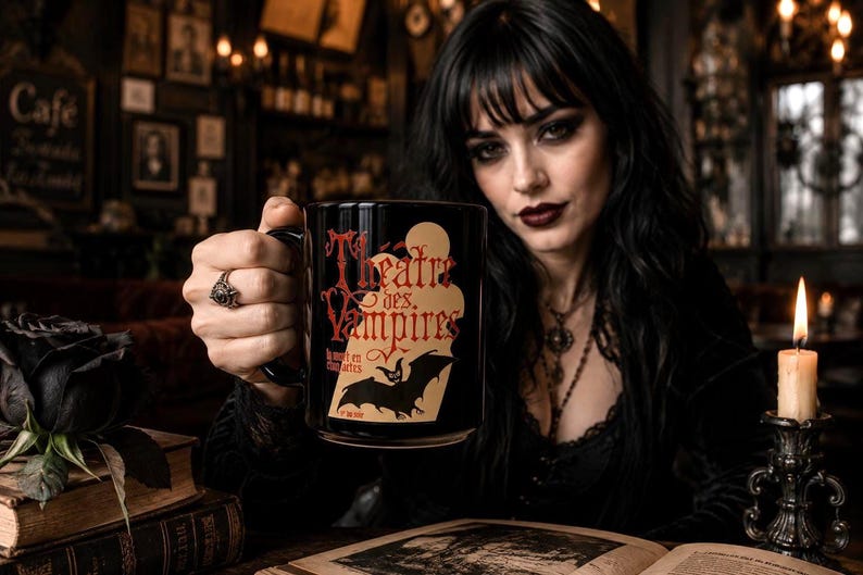 Pode incluir: Uma caneca de cer&acirc;mica preta com o texto vermelho Theatre des Vampires, uma silhueta de lua bege e um gr&aacute;fico de um morcego preto. A caneca tem uma al&ccedil;a resistente e um acabamento liso, exibindo o texto La mort en chantant sob a ilustra&ccedil;&atilde;o.