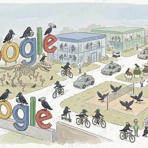 Könnte beinhalten: Eine skurrile Illustration mit dem Google-Logo, auf dessen Buchstaben Krähen sitzen. Die Szene zeigt ein Dinosaurierskelett, Flamingos und verschiedene Google-Elemente, mit einer gelben Quietscheente auf einem Gebäude.