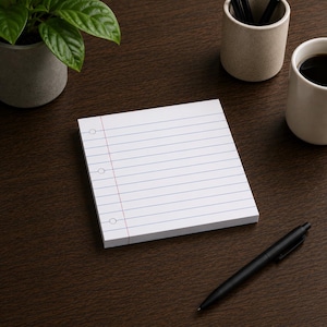 May include: A square notepad with white paper featuring blue horizontal lines, a vertical red margin line on the left side, and three circular punch-hole graphics along the left edge, positioned on a dark wood surface with a black pen nearby.