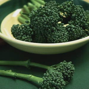 May include: A close-up shot of fresh broccoli florets in a cream-colored bowl with a green rim. The broccoli is a deep green color, and some stalks are visible. Two broccoli stalks are in the foreground on a green surface.
