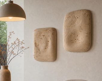 Wabi Sabi Stone Wall Sculpture Set of 2, Organic Plaster Art for Neutral Modern Home, Handmade Travertine Decor