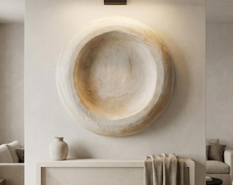 Decoración de pared redonda de yeso, disco escultórico para colocar encima de la cama, estilo Wabi Sabi moderno y orgánico hecho a mano.