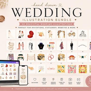 May include: A digital wedding illustration bundle featuring 30 hand-drawn graphics including couples, rings, floral arrangements, and wedding decor. The display shows a laptop and smartphone screen with the collection, plus text labels and icons.