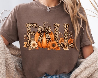 Comfort Colors® Fall Pumpkin Graphic Tee, Leopard Print Autumn Leaves Shirt