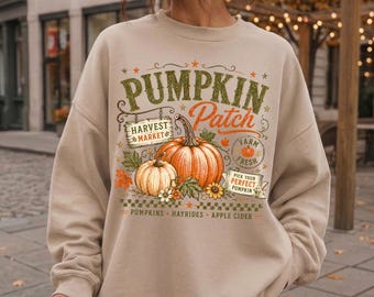 Sudadera vintage con estampado de huerto de calabazas, mercado de cosechas frescas de la granja, jersey retro de otoño.