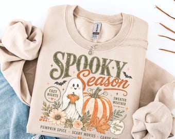 Sudadera de temporada espeluznante, sudadera de cuello redondo de otoño con estampado de fantasmas y calabazas, jersey vintage de Halloween, suéter de especias de calabaza, regalo acogedor de otoño