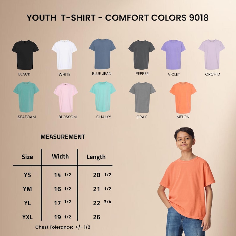 May include: A youth t-shirt in melon color is modeled. The image displays a variety of t-shirt colors, including black, white, blue jean, pepper, violet, orchid, seafoam, blossom, chalky, and gray. Measurement details are also provided for sizes YS, YM, YL, and YXL.
