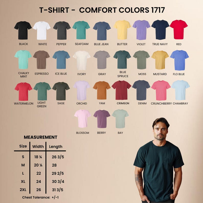 May include: A variety of Comfort Colors 1717 t-shirts in various colors, including black, white, and red. The image also includes a measurement chart with sizes ranging from S (18 1/8" width, 26 3/5" length) to 2XL (26" width, 31 3/5" length).
