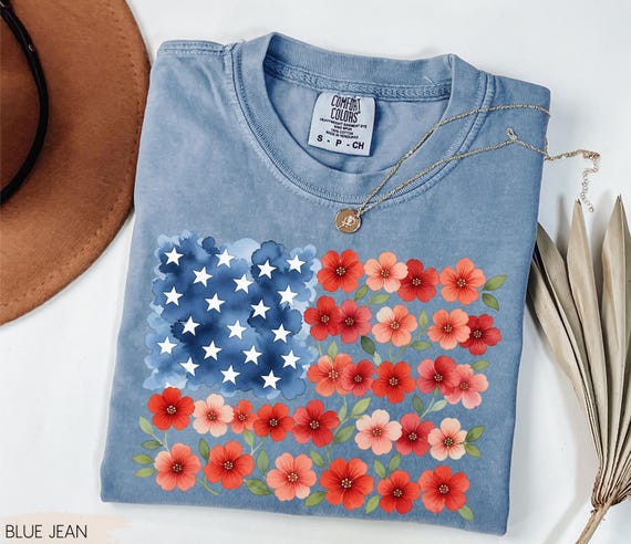Floral USA Flag Shirt, Womens Patriotic Cotton Tee