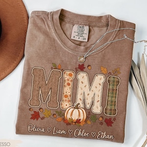 Personalized Mimi Shirt, Custom Faux Patchwork Name Tee, Autumn Vibes Mimi Shirt, Fall Gift for Grandma