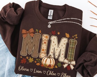 Suéter Mimi personalizado, jersey de cuello redondo con patchwork sintético personalizado, sudadera Mimi con estilo otoñal, regalo de otoño para la abuela.