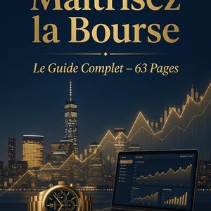 May include: A book cover titled L'EXIGENCE DE LA PERFORMANCE Maîtrisez la Bourse Le Guide Complet - 63 Pages. It features a gold watch and a laptop displaying stock charts against a city skyline at night, with a gold Best Seller laurel emblem.