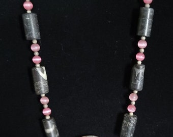 Pink Cat Eye and Gray Veined Cylinder Bead Necklace with Agate Pendant 18"