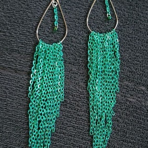 Green Chain on Silver Hoop Earrings