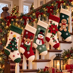 May include: Five crocheted Christmas stockings hanging from a wooden staircase railing. The stockings feature festive designs including a green Christmas tree, a brown reindeer, a white snowman, a red poinsettia flower, and a gingerbread man.