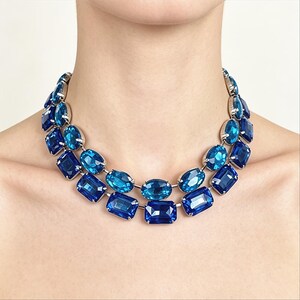 Gradient Blue Crystal Collar Necklaces, Silver Plated Statement Jewelry, Two Styles