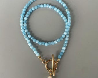 Faceted Aquamarine Beaded Necklace, Baroque Pearl Drop, Gold Toggle Clasp Choker
