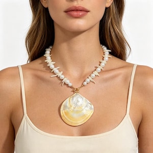 Boho Y-ketting met schelp en parel, handgemaakte ketting met kustverklaring, gouden schelpbedel lariat, strandhuwelijkssieraden