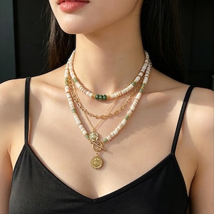 Layering Stackable Necklace Set Boho Shell Bead Evil Eye Coin Pendant Handmade Gold Tone Layered Jewelry