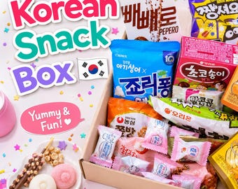 May include: A Korean snack box filled with various colorful packaged treats. The box includes items like Pepero sticks, chocolate snacks, and other candies. The box is decorated with the text "Korean Snack Box" and "Yummy & Fun!" in a playful font, with a Korean flag.