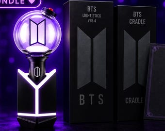 May include: A BTS Army Bomb Ver. 4 light stick with a spherical top and black handle, displayed in a cradle. The bundle includes two black boxes labeled BTS Light Stick Ver. 4 and BTS Cradle, plus a dark postcard with the text Arirang in purple.