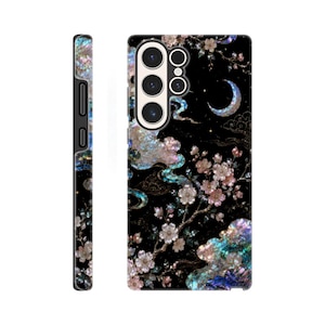 May include: A black smartphone case featuring an iridescent mother-of-pearl inlay design. The pattern displays cherry blossom branches, swirling clouds, and a crescent moon against a dark background, with cutouts for the camera lenses.