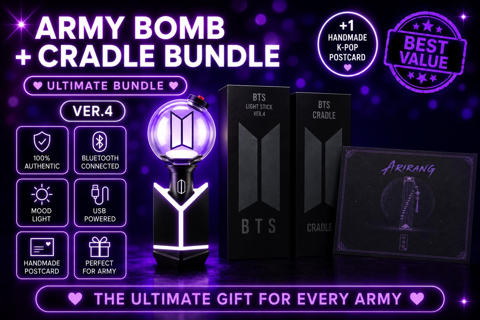 BTS Army Bomb Ver.4 + Cradle Bundle | Handmade Postcard | Fast EMS