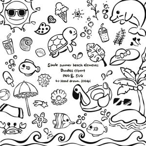 May include: A collection of black and white hand-drawn summer beach doodles including a sun, dolphin, turtle, crab, fish, palm tree, ice cream, drinks, seashells, starfish, beach umbrella, hat, and waves with the text Simple summer beach elements Doodles Clipart PNG & SVG 40 Hand drawn, 300dpi.