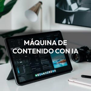 May include: A tablet displaying a complex interface, propped up on a stand. The screen shows a dark-themed user interface with data visualizations. The text "MÁQUINA DE CONTENIDO CON IA" is displayed on the screen. A camera and notebook are on the white surface.