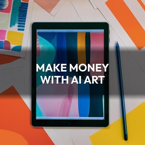 May include: A black tablet displaying colorful abstract art with the text "MAKE MONEY WITH AI ART." A blue stylus rests beside the tablet. Various colorful art prints surround the tablet, including orange, yellow, and blue.