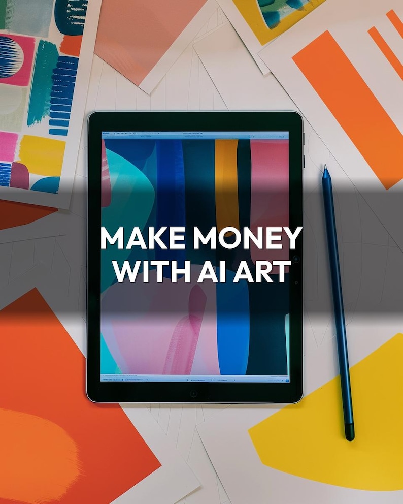 May include: A black tablet displaying colorful abstract art with the text "MAKE MONEY WITH AI ART." A blue stylus rests beside the tablet. Various colorful art prints surround the tablet, including orange, yellow, and blue.