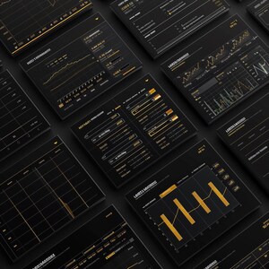 May include: An overhead shot of multiple black digital screens with gold-colored data visualizations. The screens display charts, graphs, and numerical data, suggesting financial or technical analysis. The overall aesthetic is modern and sleek.