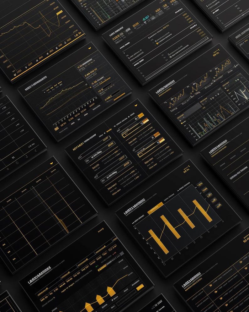 May include: An overhead shot of multiple black digital screens with gold-colored data visualizations. The screens display charts, graphs, and numerical data, suggesting financial or technical analysis. The overall aesthetic is modern and sleek.