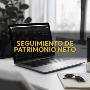 May include: A laptop displaying financial data with the text "SEGUIMIENTO DE PATRIMONIO NETO" in yellow. The laptop sits on a white desk next to a notebook, sunglasses, and a coffee cup. A plant is visible in the background.