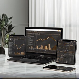 May include: A laptop, two smartphones, and a tablet displaying financial data. The screens show charts and graphs in shades of gold and black. The image includes the text "FINANCIAL OS #10" and "Multi-Income Tracker".