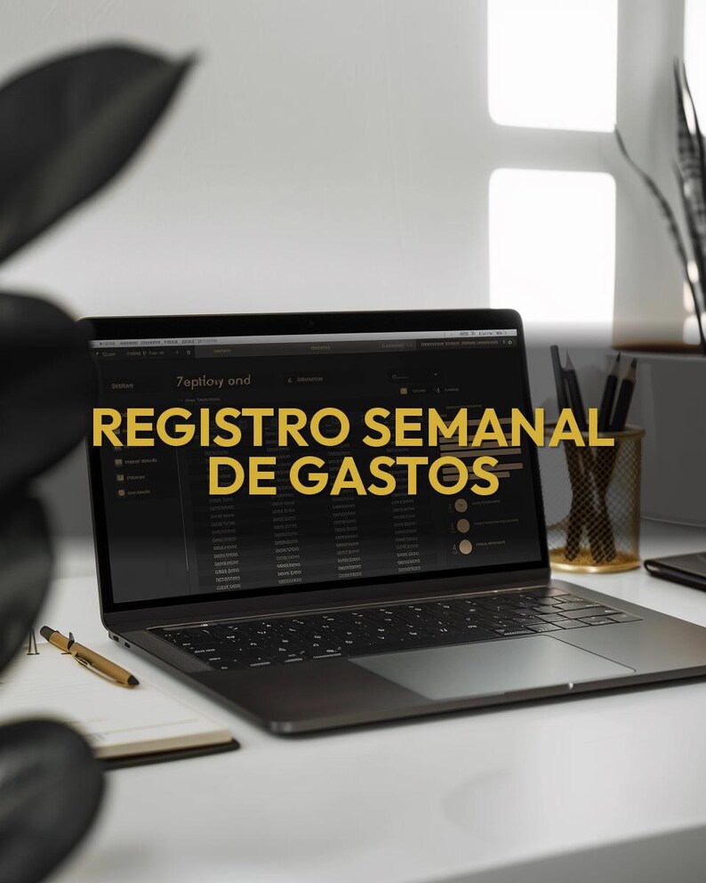 Puede incluir: Un port&aacute;til que muestra una hoja de c&aacute;lculo financiera con el texto "REGISTRO SEMANAL DE GASTOS" en oro. Un bol&iacute;grafo y un bloc de notas dorados est&aacute;n sobre el escritorio blanco. Un portal&aacute;pices dorado y una planta est&aacute;n en el fondo.