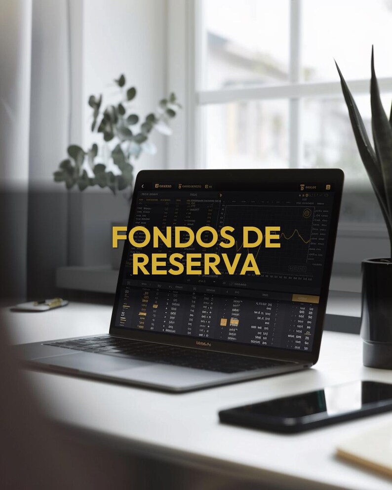 Pode incluir: Um laptop exibindo dados financeiros com o texto "FONDOS DE RESERVA" em dourado. O laptop est&aacute; aberto em uma mesa branca, com um smartphone e uma planta ao fundo. A tela mostra gr&aacute;ficos e n&uacute;meros.