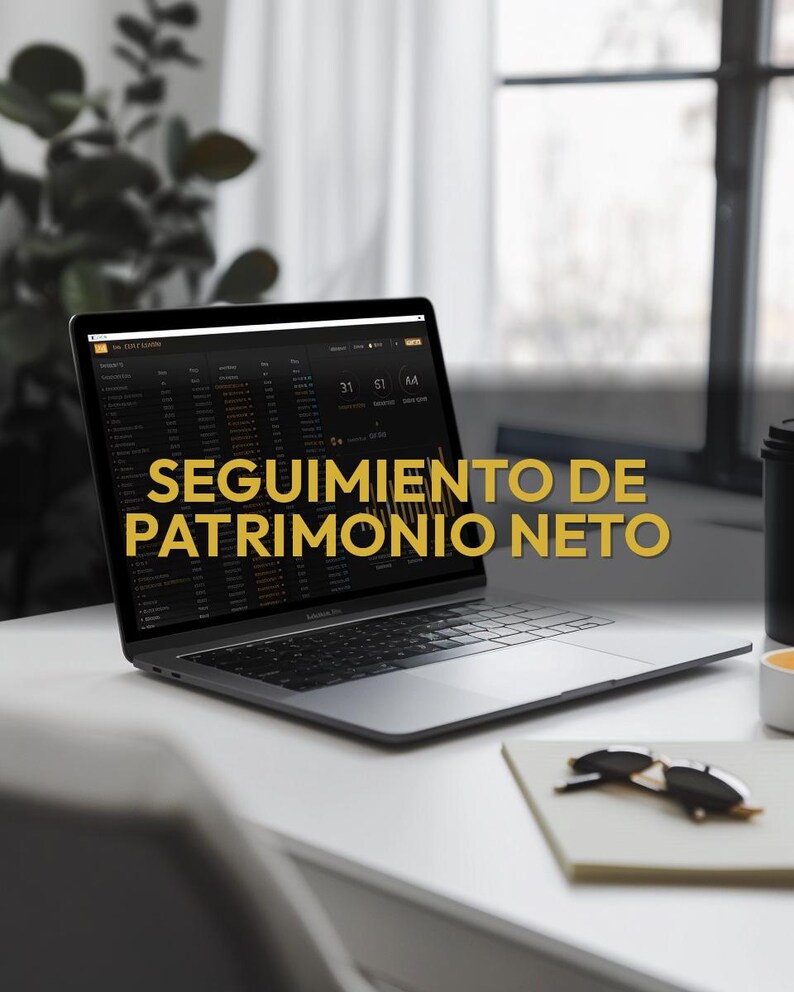 May include: A laptop displaying financial data with the text "SEGUIMIENTO DE PATRIMONIO NETO" in yellow. The laptop sits on a white desk next to a notebook, sunglasses, and a coffee cup. A plant is visible in the background.