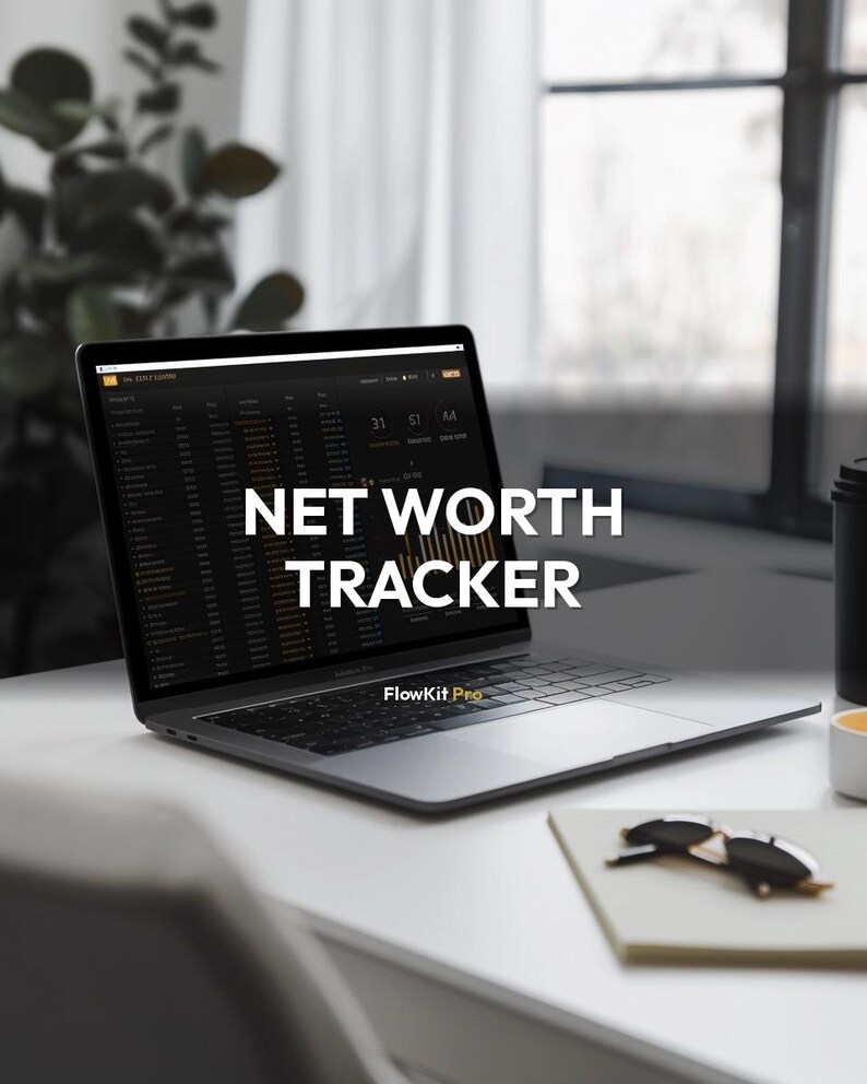 May include: A laptop displaying a financial dashboard with the text "NET WORTH TRACKER." The laptop is open on a white desk, next to a notebook, sunglasses, and a coffee cup. The screen shows financial data.