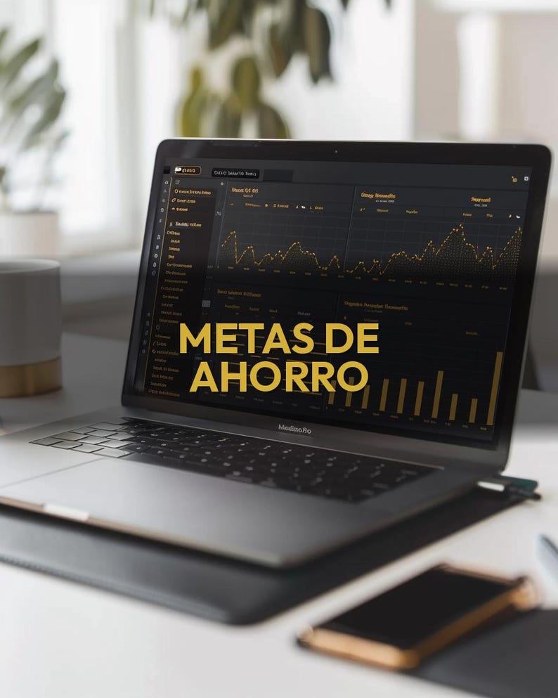 May include: A silver MacBook Pro laptop displaying a financial data chart with yellow text that reads "METAS DE AHORRO". A black smartphone rests on the table next to the laptop. A white mug and a plant are visible in the background.