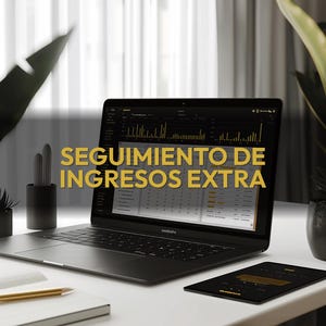 May include: A black laptop and tablet displaying financial data, with the text "SEGUIMIENTO DE INGRESOS EXTRA" in yellow. A notebook and pencil are on the white desk. The scene is lit with natural light, with plants in the background.