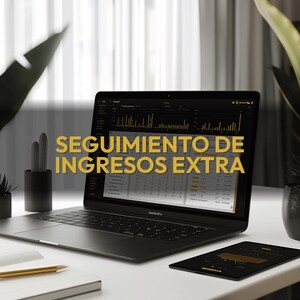 May include: A black laptop and tablet displaying financial data, with the text "SEGUIMIENTO DE INGRESOS EXTRA" in yellow. A notebook and pencil are on the white desk. The scene is lit with natural light, with plants in the background.