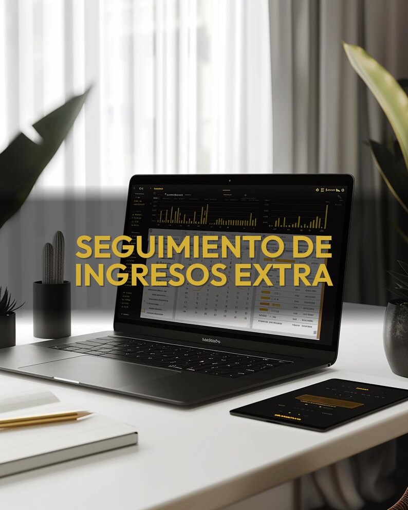 May include: A black laptop and tablet displaying financial data, with the text "SEGUIMIENTO DE INGRESOS EXTRA" in yellow. A notebook and pencil are on the white desk. The scene is lit with natural light, with plants in the background.