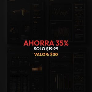 Puede incluir: Cuatro pantallas oscuras que muestran visualizaciones de datos con gr&aacute;ficos y tablas. El texto "AHORRA 35%" y "SOLO $19.99" son de color rojo, y "VALOR: $30" es blanco. El tema general es el an&aacute;lisis de datos.