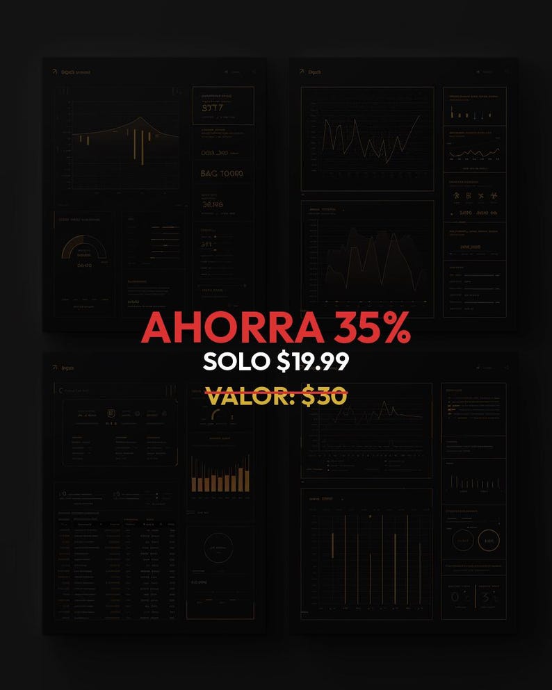 Puede incluir: Cuatro pantallas oscuras que muestran visualizaciones de datos con gr&aacute;ficos y tablas. El texto "AHORRA 35%" y "SOLO $19.99" son de color rojo, y "VALOR: $30" es blanco. El tema general es el an&aacute;lisis de datos.